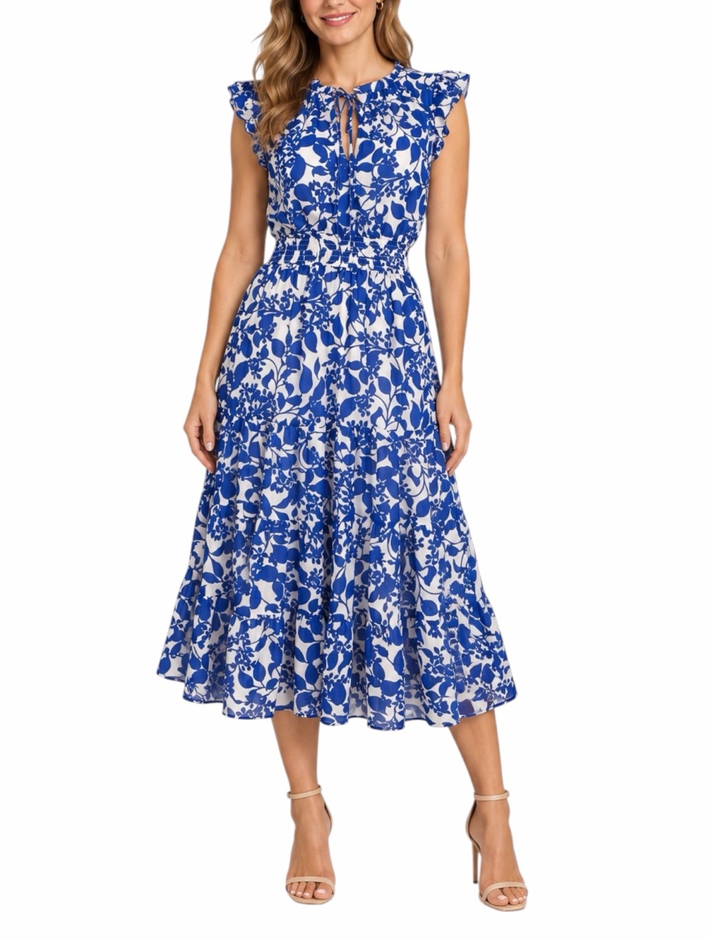 Sugar Lips Midi Dress Size M Floral Ruffle Smocked Tiered Blue White Tie Neck